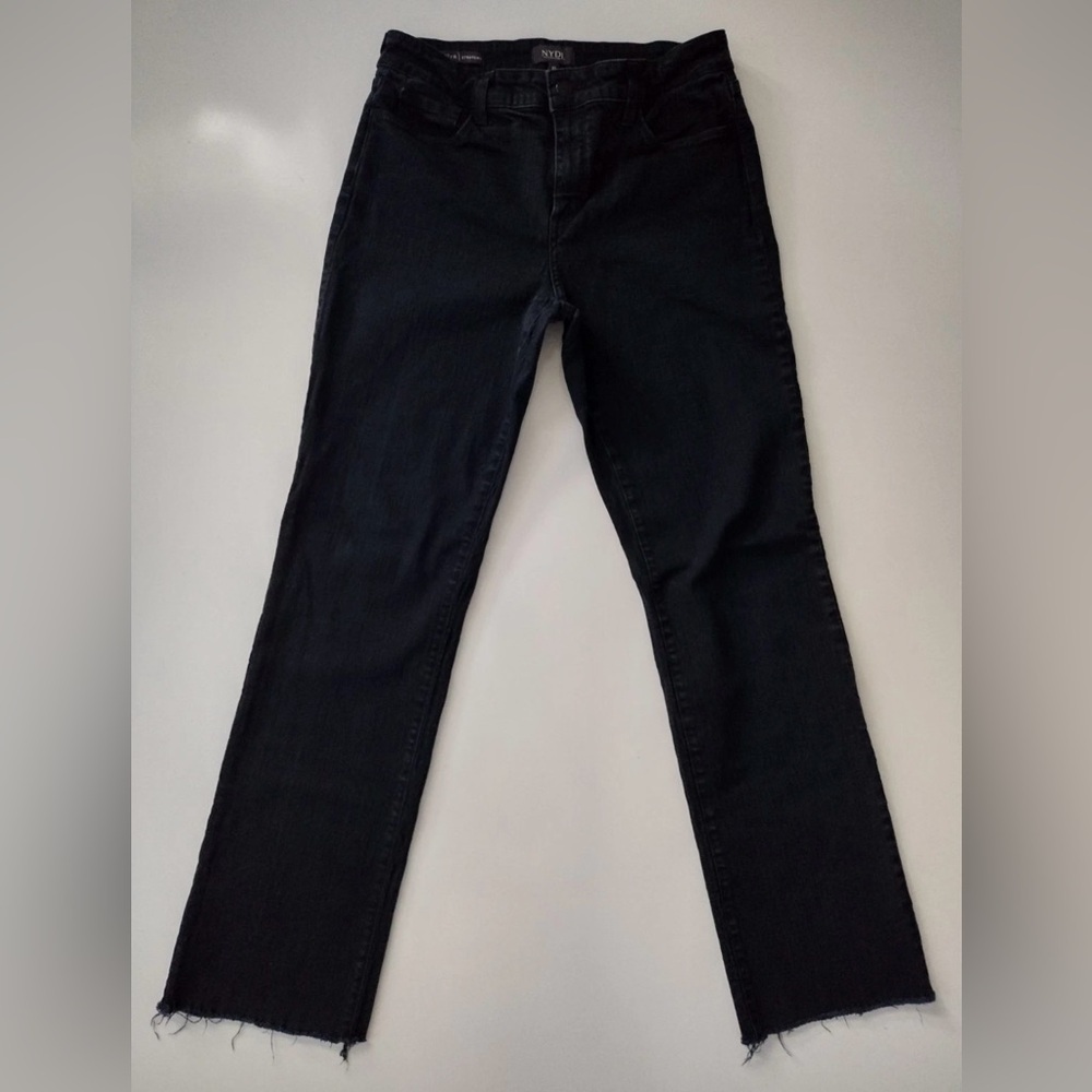 NYDJ Jeans Women's Size 10 Straight Stretch Black Denim Raw Hem 5 pocket